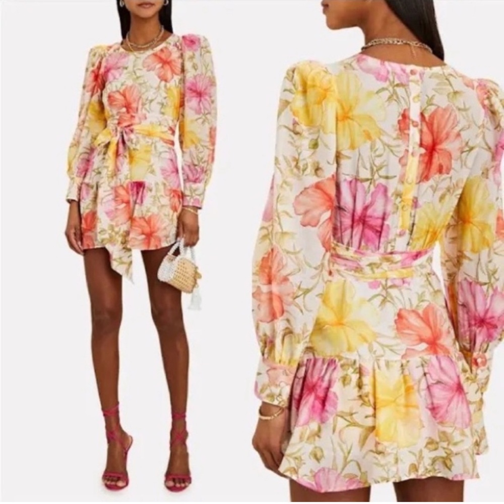 LoveShackFancy Floral Mini Dress in White with Pink & Yellow Blooms